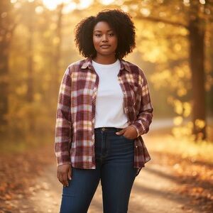 Old Navy Orange and Burgundy Classic Fit Plaid Flannel